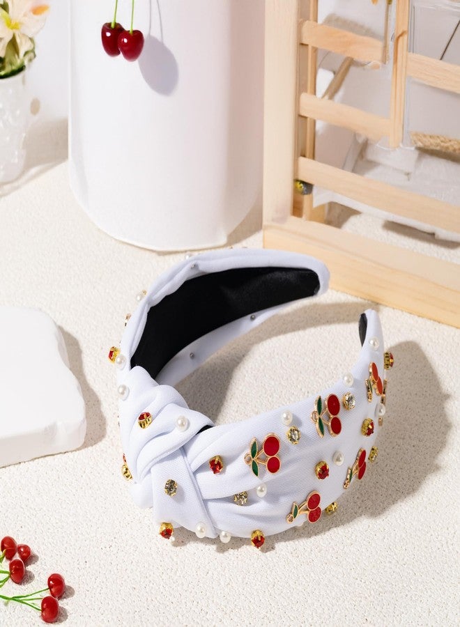 PANTIDE Cherry Jeweled Knotted Headband - Red Cherry Cute Charms Rhinestone Pearl Embellished Headband Wide Top Knot Non Slip Fashion Hairband Hair Accessories Birthday Gift for Women Girl (White) - Image 4
